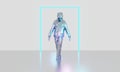 Low poly neon color robor walking, standing on reflection floor with shining rectangle on grey. Artificial intelligence, future, Royalty Free Stock Photo