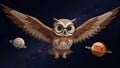 Low Poly Owl Flying in Space with Planets. 3D Rendered Illustration Royalty Free Stock Photo