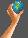 low poly polygon left hand holding a globe cartoon vertical orientation