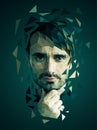 Low poly portrait of a man, reflective meditative face, green colors, vector