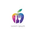 Low poly Restaurant Logo, baby food, health care and organic Food Industry, takeaway icon, spoons in apple baking. herbal d