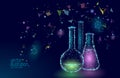 Low poly science chemical glass flasks. Magical equipment polygonal triangle blue glowing research future technology