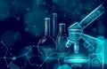 Low poly science chemical glass flasks. Scientific equipment polygonal triangle blue glowing design. Future technology Royalty Free Stock Photo