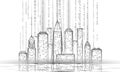 Low poly smart city 3D wire mesh. Intelligent building automation system business concept. Binary code number data flow