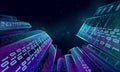 Low poly smart city 3D wire mesh. Intelligent building automation system business concept. Binary code number data flow