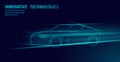 Low poly sport car on dark background. Fast speed highway automobile innovative technology 3D render. Blue glowing light