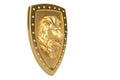 Low poly style golden lion head with shield. 3D illustration. Royalty Free Stock Photo