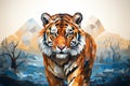 Low poly tiger with forest mountain illustration generative ai