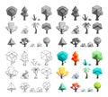 Low poly trees rocks grass icons set flat design line art vector illustration Royalty Free Stock Photo