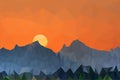 Low poly vector illustration sunset and mountains landscape