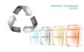 Low poly waste separation 3D concept. Garbage recycle plastic aluminium paper glass container bin. Polygonal ecological