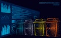 Low poly waste separation 3D concept. Garbage recycle plastic aluminium paper glass container bin. Polygonal ecological