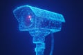 A low polygon CCTV security camera wireframe mesh on a blue background. Generative AI. Royalty Free Stock Photo
