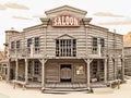 Low polygon Illustration toon style of a western town Saloon with various buildings.