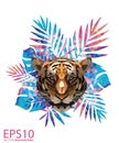 Low polygon tiger head and Colorful tropical leaf pattern background. Illustration EPS 10