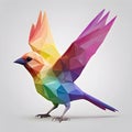 Single of Low Poly Wireframe Rainbow Wing Spreading Sparrow Bird, on white background