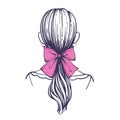 Low ponytail hairstyle with hair bow. Cute female hairstyle with hair accessory. Back view. Hand drawn vector illustration in