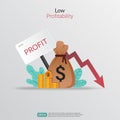 Low profitability concept. Profit losses symbol with decrease arrow vector illustration