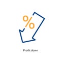 Low rate profit cost icon. Reduction cost decrease percent profit down sign