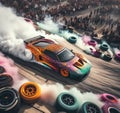 low rider car drift burn rubber in rally race parade in crowded corner hip hop mexican culture party