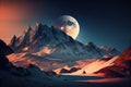 Low saturation blue sky looming moon snow mountain Royalty Free Stock Photo