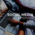 Low section of asian woman in red socks using laptop on bed and social media kindness day text Royalty Free Stock Photo