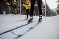 Low section and close-up of skiers doing croos country skiing in the middle of forest.