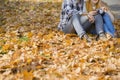 Low section of couple with camera sitting on autumn leaves in park