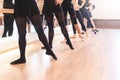 Low section of The graceful legs of ballet dancers standing in a row perform stretching exercises