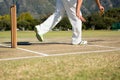 Low section of player standing by stumps at cricket field