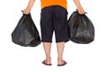 Low section of young man carrying garbage bags isolated on white Royalty Free Stock Photo