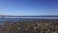 Low tide on the beach in Malibu. Seagulls sit on stones