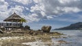 Low tide on the beach. The rocks of the ocean floor were exposed