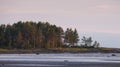 Low Tide At The Coast Of The White Sea, Russia. Severe Northern Russian Landscape With Deserted Sandy Beach, Ridge Of Rocks And A Royalty Free Stock Photo