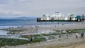 Low tide explorers at Olympic Beach with Washington State ferry Royalty Free Stock Photo