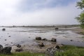 Low tide leaves stones exposed in fjord fog near Grunnfor, Norway Royalty Free Stock Photo