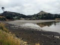 Low tide on a rainy may day in bay along the Otago Pensinsula, o