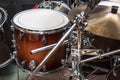 Low tom and overheads - parts of drumset / drumkit, closeup Royalty Free Stock Photo