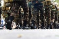 Low view of the legs of Brazilian army soldiers marching through the streets of Salvador, Bahia, during the commemoration of Royalty Free Stock Photo