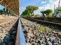 Low view railroad in the sunlight of the beautiful.Train station Lampang at Thailand