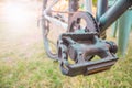 Low viewing angle leg on mountain bike pedal Royalty Free Stock Photo