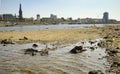 Low stream gauge of river rhine in germany.Water shortage, drought, climate change and global warming concept.