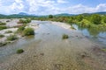 Low water in the riverbed of the Pinios, one of the longest rivers in Thessalia, Greece, now dried after heat and drought, Royalty Free Stock Photo