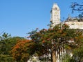 Low wide angle side view to the Clock tower of House of Wonders, Stone Town, Zanzibar Royalty Free Stock Photo