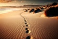 Low wide angle view of footprints in the sand