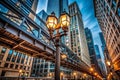 LowAngle View of Chicagos Magnificent Mile Elevated Train System A Steel Structure Against a Stunning Chicago Skyline Royalty Free Stock Photo