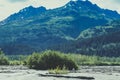 The Lowe River flows through to Valdez Alaska, mountains in the background Royalty Free Stock Photo