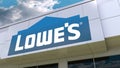 Lowe`s logo on the modern building facade. Editorial 3D rendering