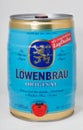 Lowenbrau small barrel of beer can closeup against white