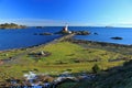 Fisgard Lighthouse and Juan de Fuca Strait from Lower Battery on Winter Evening, Fort Rodd Hill National Historic Site, Vancouver Royalty Free Stock Photo